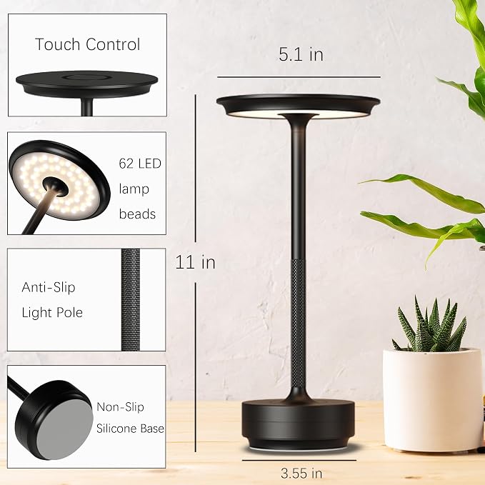 1 Pack Cordless Table Lamps Rechargeable, 5000mAh LED Table Light | Portable 3 Color Stepless Dimming Battery Powered Table Lamp with Memory Function for Restaurant/Home/Outdoor.(Black) - Image 7