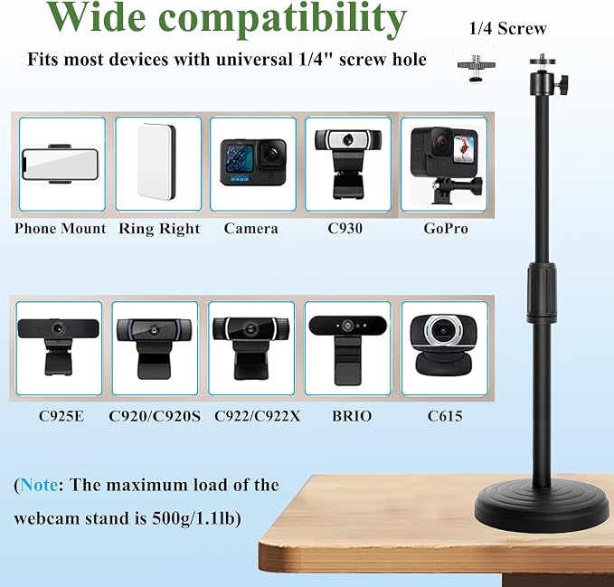 Webcam Stand with Phone Holder, Adjustable Height Desk Camera Mount for Logitech C920 C922 C925e C930e, 1/4" Threaded Desktop Tripod Stand for Live Streaming, Video Conferencing, Online Classes - Image 6