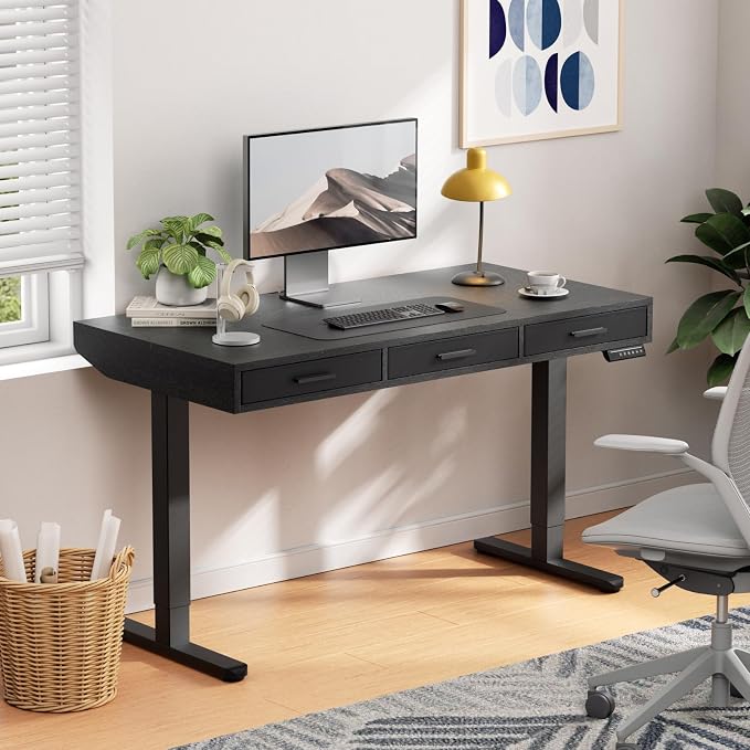HUANUO Electric Standing Desk with Drawers, C-Clamp Mount Compatible, 40 x 22 Inch Height Adjustable Sit Stand Desk, Fabric Drawers, Home Office Stand Up Desk with 4 Custom Height Settings, Black - Image 2
