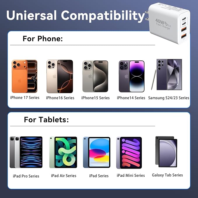 USB C Wall Fast Charger Block, 40W 4-Port Type C Chargers Fast Charging Blocks PD Power Charger Adapter+QC 3.0 USB Multiport Charger Brick for Phone 17/16/15/14/13/12 Pro Max, i-Pad, Galaxy S25-2Pack - Image 4