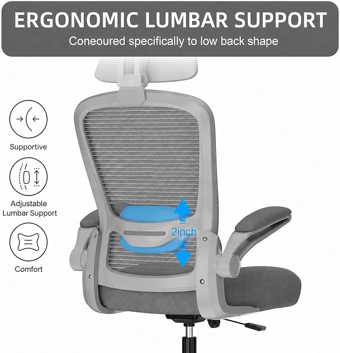 Mimoglad Office Chair, High Back Ergonomic Desk Chair with Adjustable Lumbar Support and Headrest, with flip-up Armrests for Guitar Playing, 5 Years Warranty (Modern, Grey/Gray) - Image 4