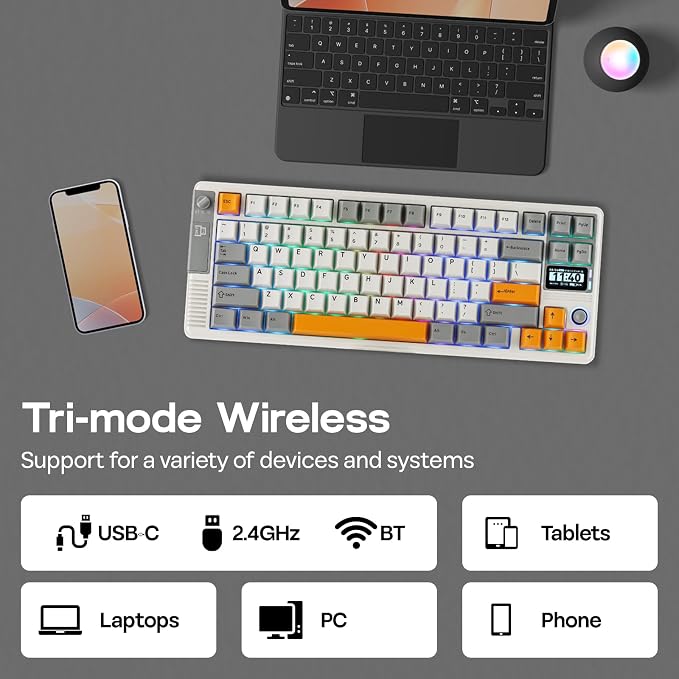 EPOMAKER RT85 Wireless Mechanical Keyboard with Joystick & DIY Screen | 8000mAh, BT/USB/2.4Ghz, Gasket, 5-Layer Paddings, Hot-Swap, PBT Keycap, 75% Gaming Keyboard (Retro White, Creamy Jade) - Image 5
