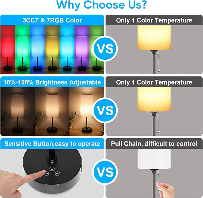 17Inch Table Lamp, 3 CCT 3000K/4500K/6500K & RGB Color Changing, Stepless Dimmable Bedside Lamp for Reading, Ambience Nightstand Light for Home Decor Party, White Shade - Image 7
