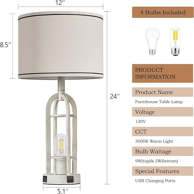 SRJJA Farmhouse Table Lamps for Living Room Set of 2 - Rustic Industrial Lamps for Night Stands with Night Light & USB A+C, 24" Vintage Bedside Lamp for Bedroom, Bulbs Included - Image 6