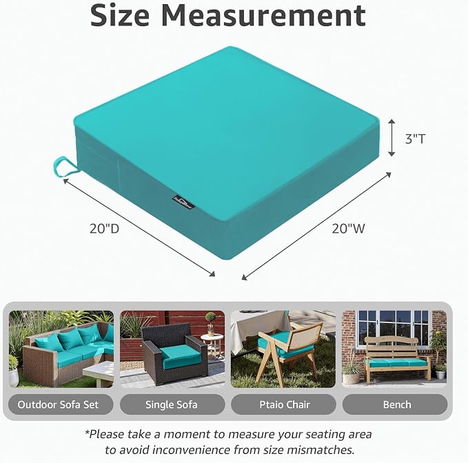 PatioGlow Outdoor Chair Cushions 20 x 20 x 3 Inch, Waterproof & Fade Resistant Patio Seat Cushion for Furniture with Handle and Ties, Thick Seating Pads for Outside Sofa Couch Set of 2, Teal - Image 2