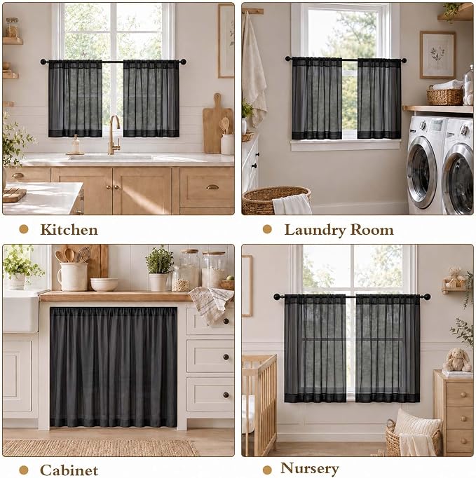 Black Short Sheer Cafe Kitchen Curtains 36 Inch Length 2 Panels Set | Half Curtains for Living Room Bedroom Basement Bathroom Small window, Sheer curtain over sink, Rod Pocket, Each 42"W x 36"L - Image 8