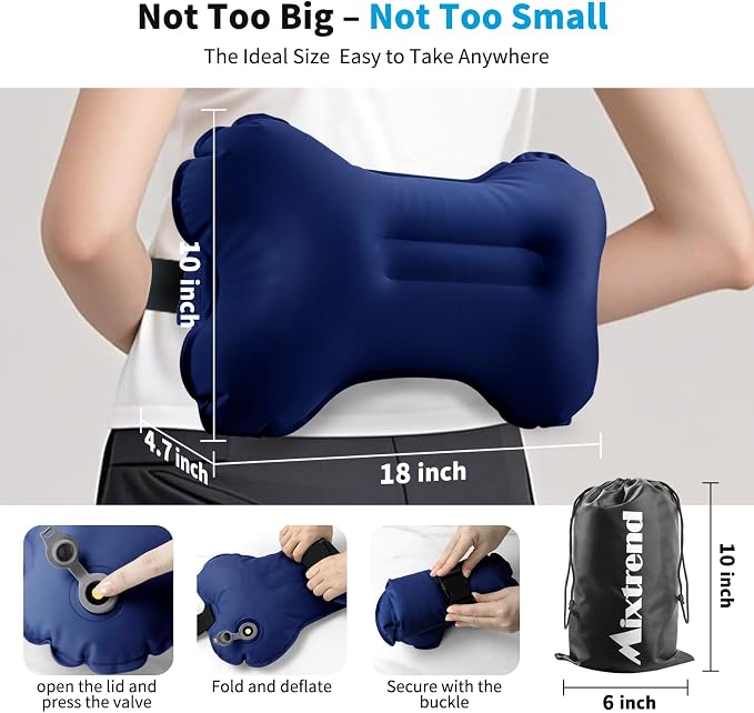 Mixtrend Travel Lumbar Pillow Inflatable Lumbar Support Pillow with Memory Foam, Back Support Pillow for Airplane Long Flight, Essential Travel Support Pillow for Women Men Kids（Navy Blue） - Image 6