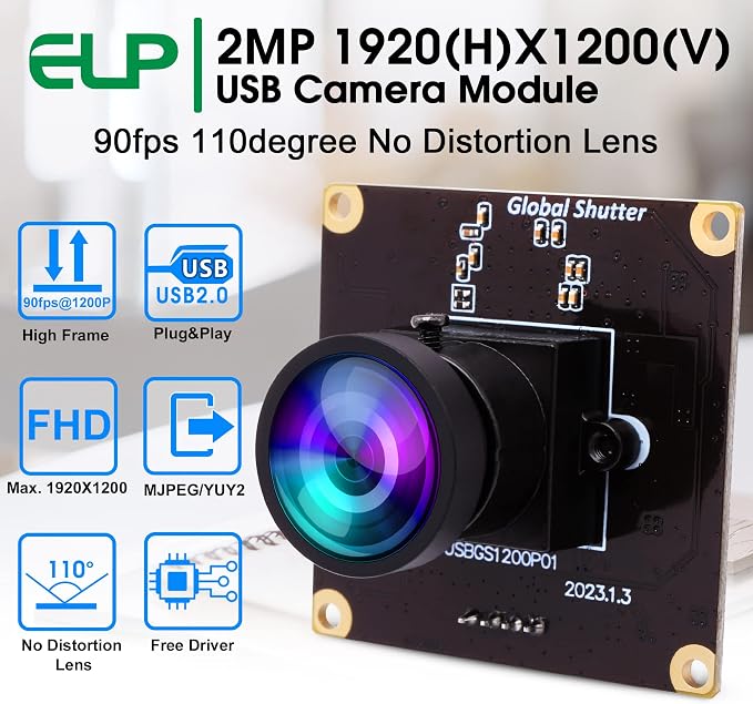 ELP High Speed Wide Angle Global Shutter USB Camera Module for Computer 1080P Mini UVC USB2.0 Webcam Board with 110degree No Distortion Lens AR0234 High Frame 90fps Web PC Camera Board for Laptop - Image 5