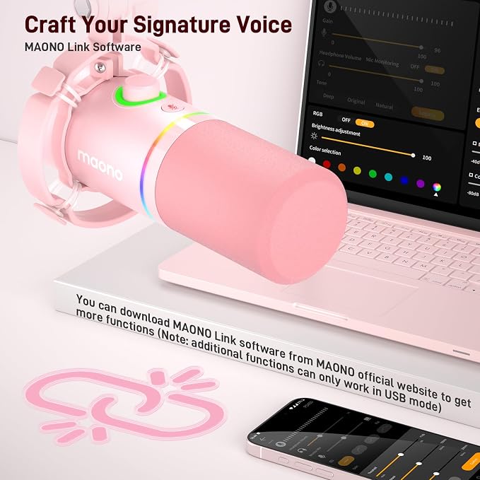 MAONO PD200XS XLR/USB Dynamic Microphone Kit, RGB Gaming Mic with Software | PC Mic with Mute, Gain Knob, Volume Control, Boom Arm for Streaming, Gaming, Podcasting, Voice-Over, Recording, Pink - Image 3