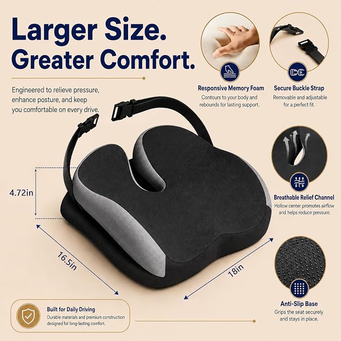 Memory Foam Ergonomic Seat Cushion for Office Chairs Pain Relief | Suitable for prolonged sitting, relieves tailbone pain, fits office chairs, wheelchairs, car seats and computer desk chairs - Image 3