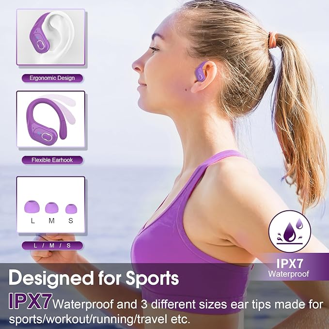 Wireless Earbuds 75H Bluetooth 5.4 Sport Headphones with Earhooks, Purple | IPX7 Waterproof In-ear Buds Feature ENC Noise Cancelling Mic & Deep Bass. Stereo Sound Device for Gym Running Workout - Image 5