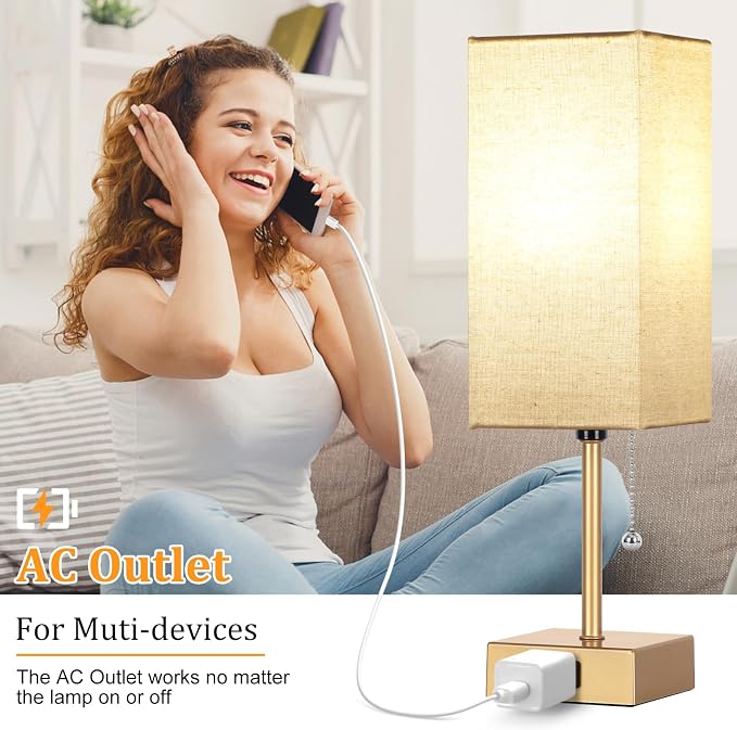 Table Lamp for Bedroom set of 2,3-Color Bedside Lamps with Pull Chain Gold | Table Lamps for Nightstand with AC Outlets,Small Night Light Lamps with 2 Bulbs Lamps for Living Room Kids Room Office Decor - Image 5