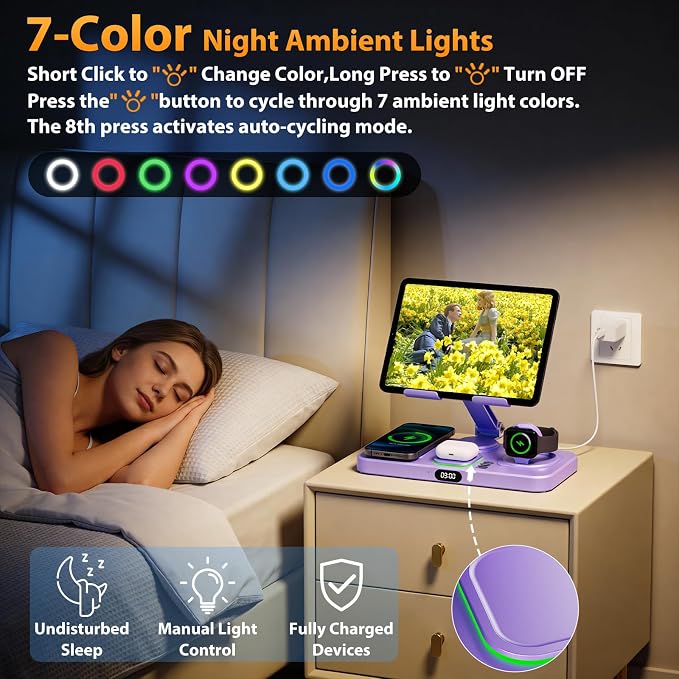 Wireless Charging Station for Apple Devices, Only for Apple Watch Charging | Included Type-C Cable for Tablet Charging, Foldable Wireless Charging Station, 7 Cycling Ambient Lights, Time Clock Display - Image 4