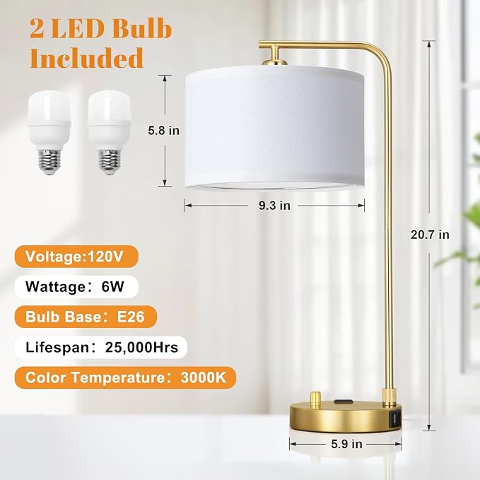 Gold Bedside Lamps Set of 2, Fully Dimmable Lamps for Night Stands, USB A+C | Modern, Linen Lampshade, USB Port and Outlet, Tall Desk Lamps for Bedroom, Nightstand, Living Room, Home Office, End Table - Image 4