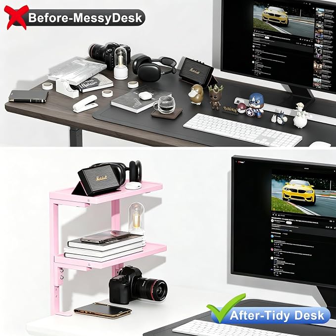 Spacrea Clamp on Desk Shelf, 2 Tier Office Desk Shelves Organizer, Wood Desktop Supplies Storage Rack, Desk Organizers and Accessories (Pink) - Image 4