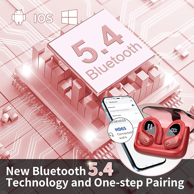 Wireless Earbuds 75H Bluetooth 5.4 Sport Headphones with Earhooks, Red | IPX7 Waterproof In-ear Buds Feature ENC Noise Cancelling Mic & Deep Bass. Stereo Sound Device for Gym Running Workout - Image 5