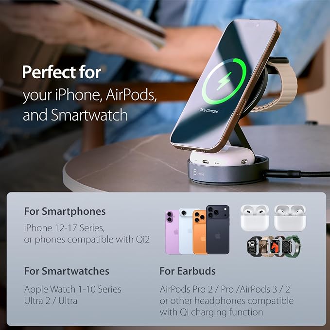 j5create Qi2 3-in-1 Zinc Alloy Magnetic Wireless Charging Station – for iPhone/Apple Watch/AirPods | 15W Fast Charging | Adjustable Phone/Watch Stand, Rotating Base | Foldable Travel Design (JUPW3515) - Image 6