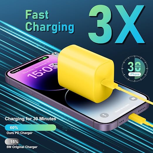 Phone 14 13 12 11 Fast Charger,10FT Long Phone Chargers Fast Charging Lightning Cable with 20W USB C Charger Block for Phone 14/14 Pro Max/13/13 Pro Max/12/12 Pro Max/11/11Pro/XS/Max/XR/X,Pad,Yellow - Image 2