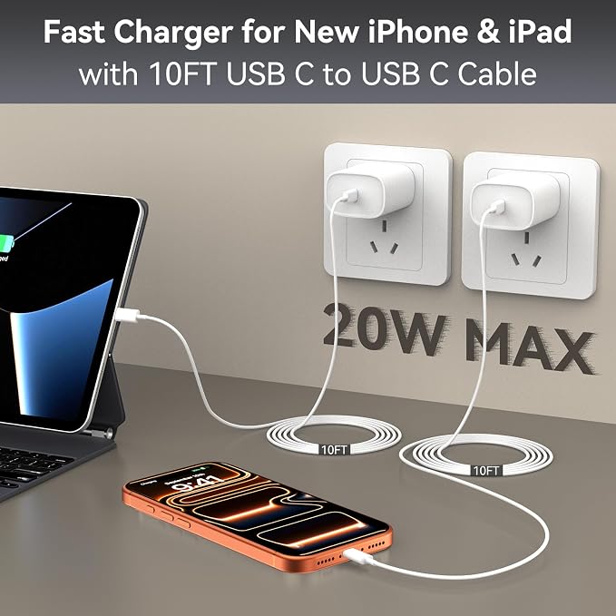 iPhone 17 Pro Max Charger Fast Charging, 10 FT USB C Cable Cord, iPhone 17 16 15 Chargers Long Cord 10FT with 20W Phone Charger Block Plug Brick for Apple iPhone 17/17 Pro Max/17 Air/16/15,iPad,2pack - Image 8