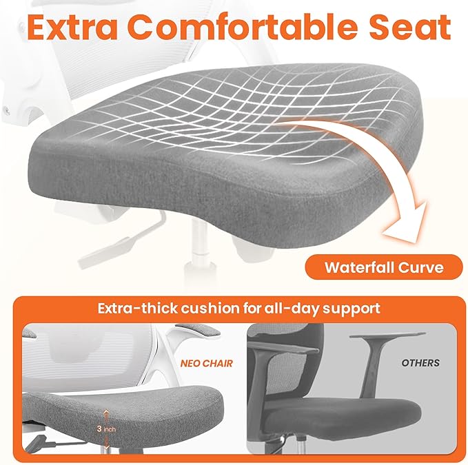 NEO CHAIR Office Desk Chair with Ergonomic High Back Mesh Headrest, Grey | Adjustable Headrest and Lumbar Support with Flip-Up Armrests Designed for Extended Sitting Comfort While Saving Space - Image 4