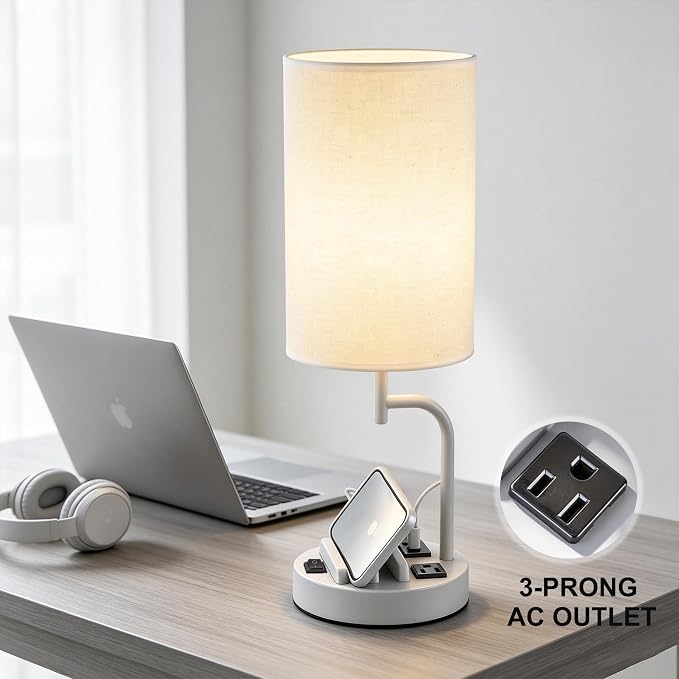 Dreamholder 2 Pack Table Lamp, Bedside Lamp with 3 USB Charging Ports & AC Outlet, USB Desk Lamp with 2 Phone Holders, Linen Fabric Shade Nightstand Lamps for Bedroom Living Room Office, Gray - Image 4