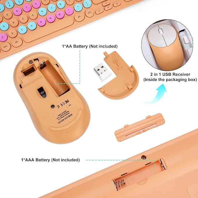 Wireless Keyboard and Mouse Combo, Retro Typewriter Keyboard with Round Keycaps, 2.4GHz USB Cute Wireless Keyboard Mouse for Computer, Desktop, Laptop and Computer (Orange Colorful) - Image 5