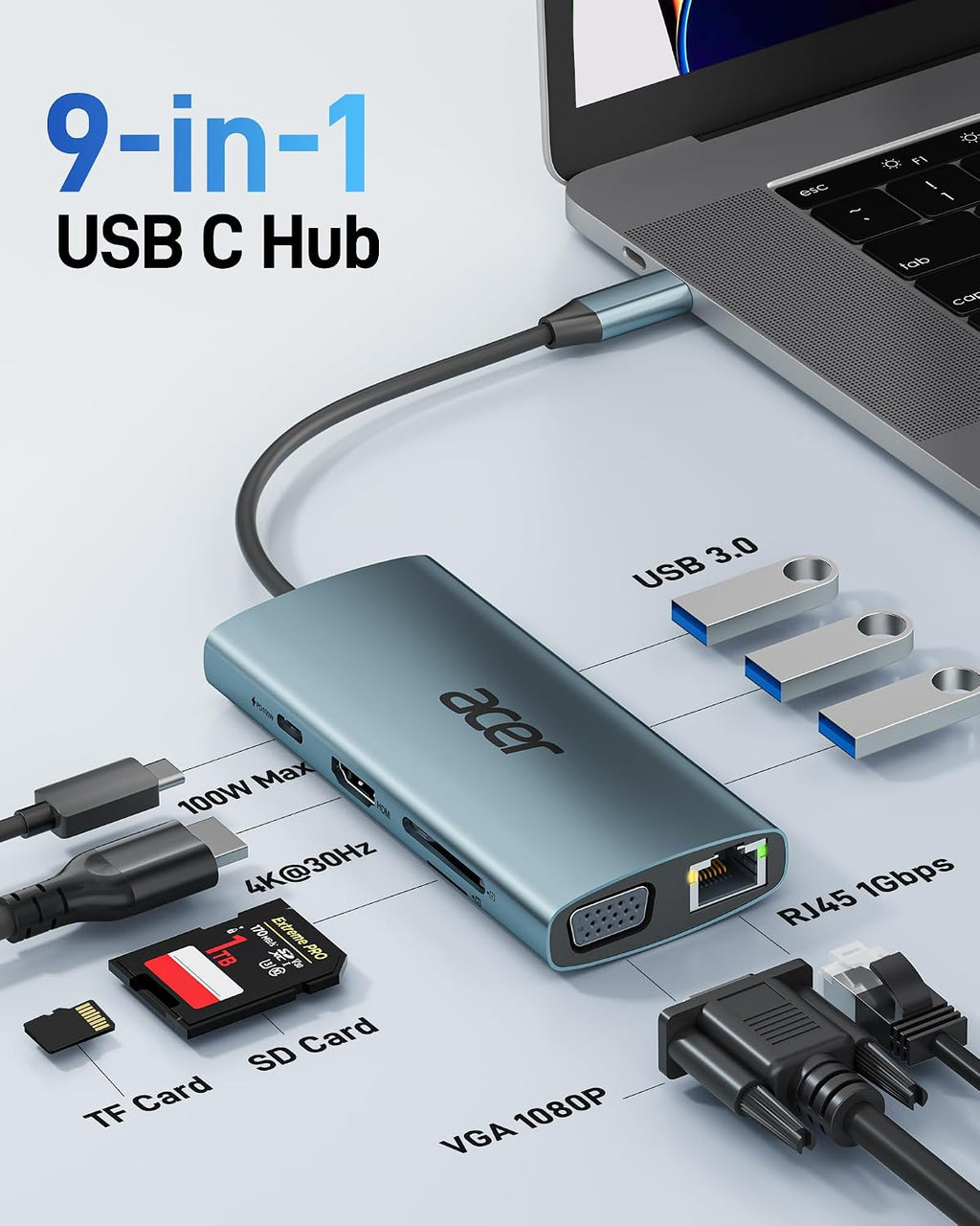 Acer USB C Hub with 4K HDMI, 9-in-1 Laptop Docking Station with 1080P VGA - Image 2