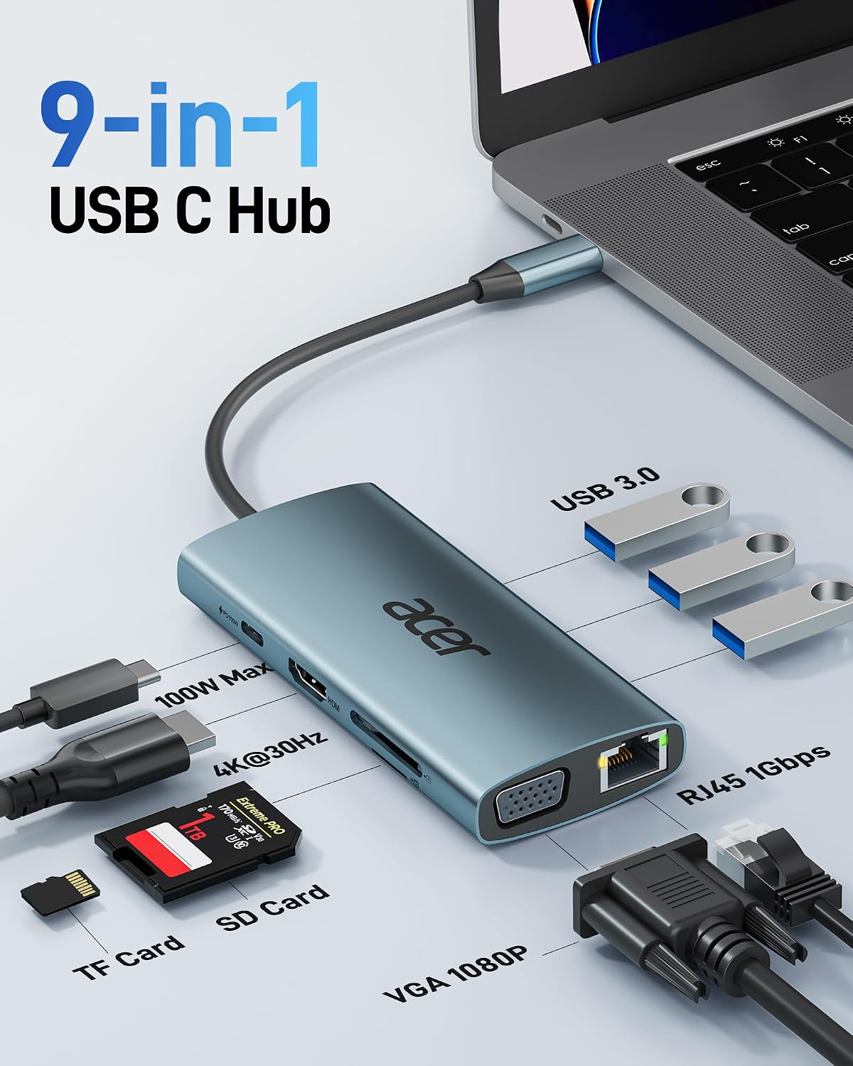Acer USB C Hub with 4K HDMI, 9-in-1 Laptop Docking Station with 1080P VGA - Image 2