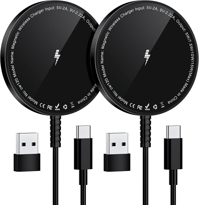 MagSafe Charger 2 Pack: Magnetic Wireless Charge iPhone 17-12 & AirPods | Strong Magnet Charging Pad, with Dual USB C to A Converters, Ultra-Thin & Portable, Ideal for Home Office & Travel, White by WirelessCharger