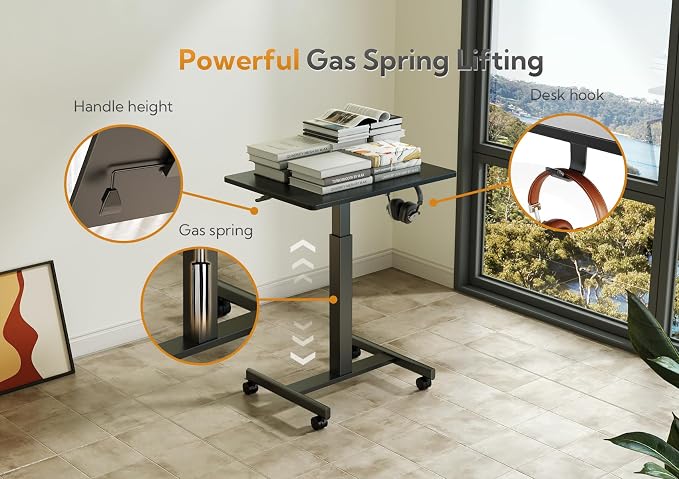 Claiks Mobile Rolling Desk Small Portable Laptop Cart on Wheels, 28" Black | Rolling Adjustable Desk, Lockable Wheels, Gas Spring Lift, Side Hook, Easy Assembly - Image 6
