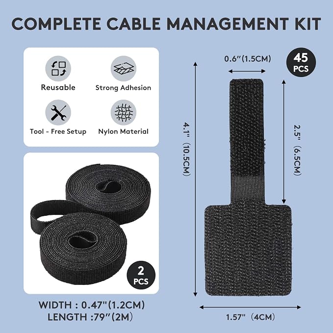 Adhesive Under Desk Cable Management Kit - 45 PCS Sticky Back Velcro Ties + 2 Rolls Extension Straps for No Drill Cord Organization, Home Office (Black) - Image 2