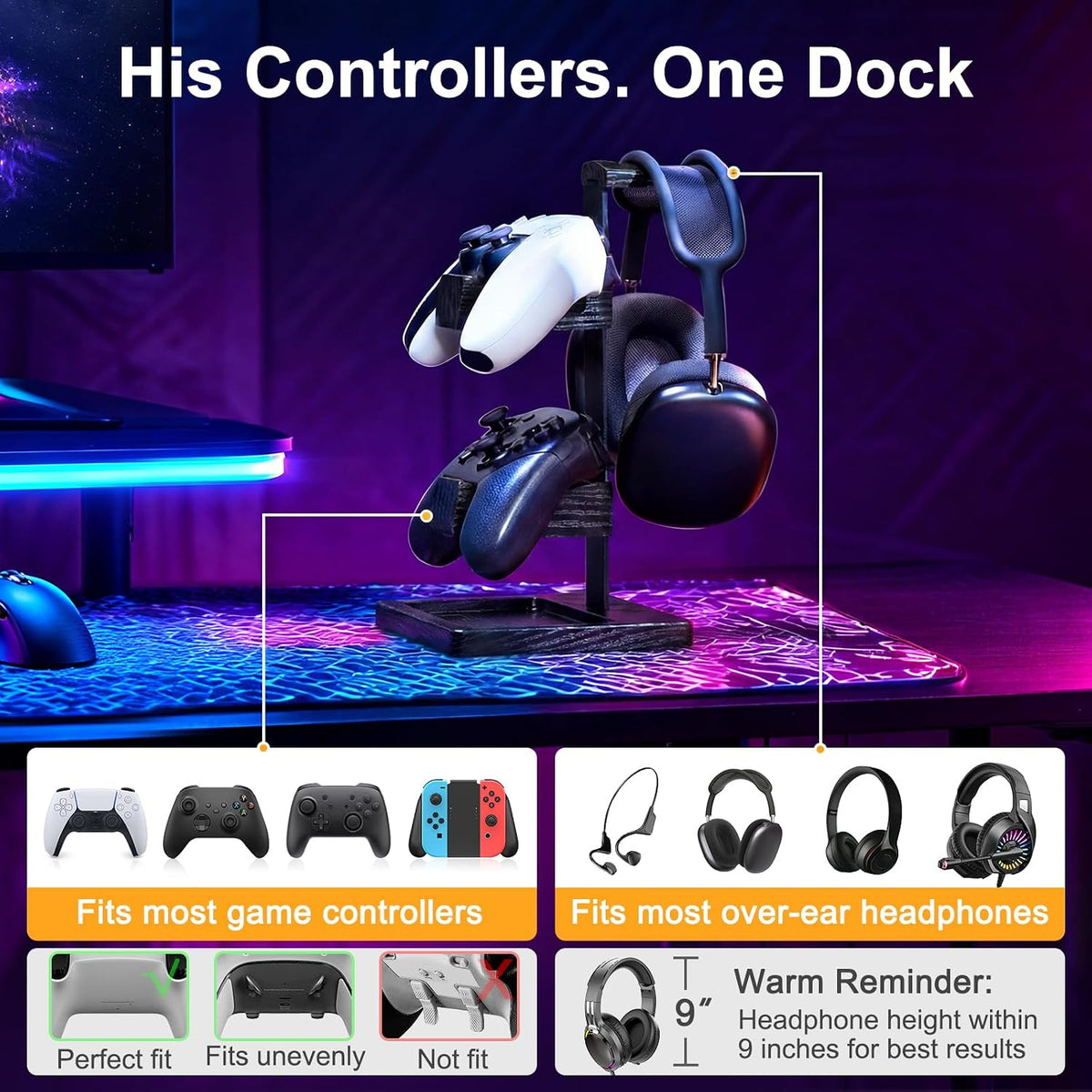 Solid Wood Controller Holder and Headphone Stand, Controller Stand for Desk - Image 4