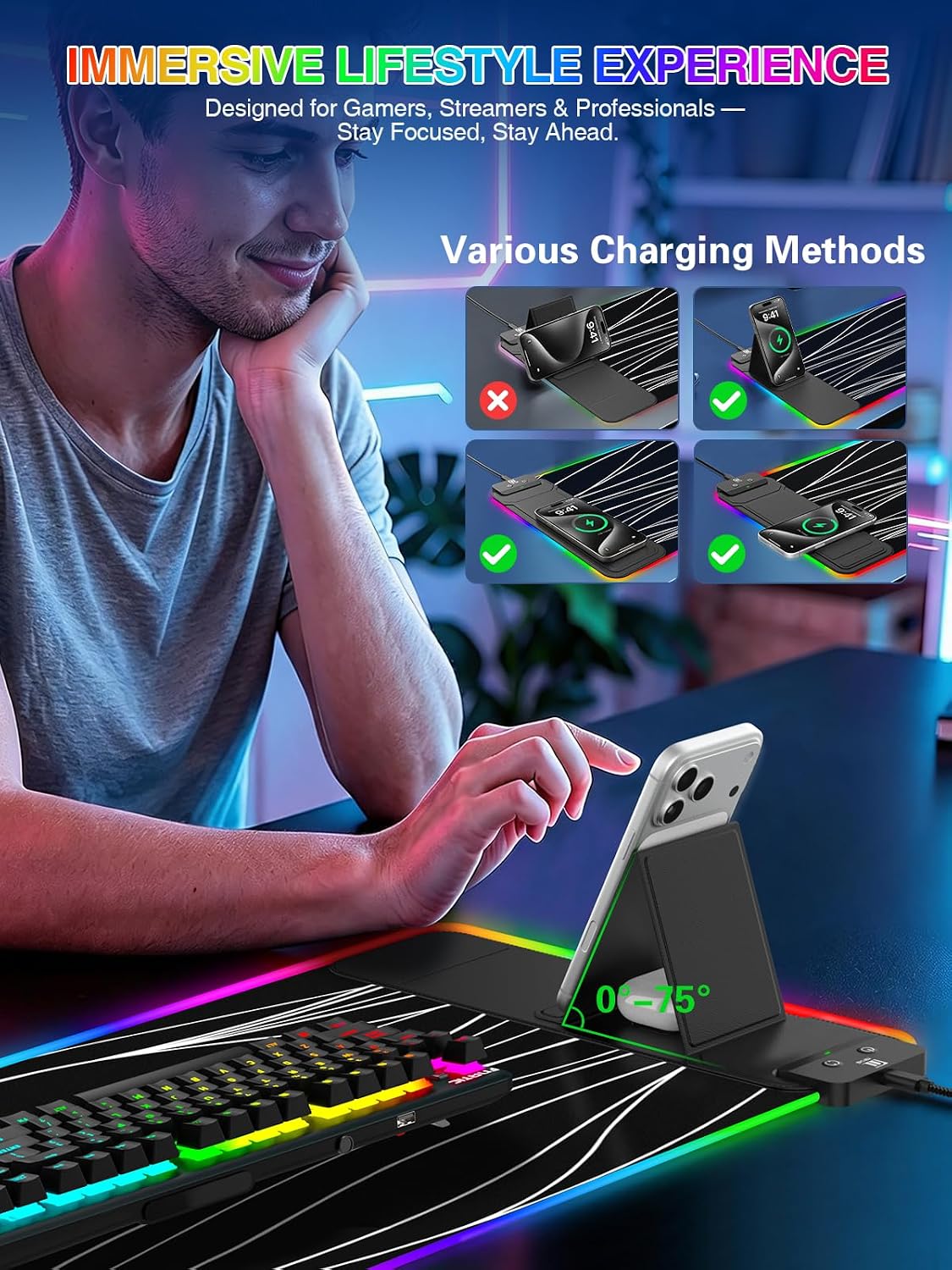 RGB Mouse Pad with Foldable Phone Stand Wireless Charger, 31.5"x11.8" XL Gaming Mousepad Large Desk Mat, Desk Pad with 11 Colors 5 Modes, Waterproof - Image 7