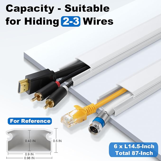 ZhiYo Cord Hider Wall Kit, 87in Cord Cover Wall Mounted TV, Wire Covers for Cords, Paintable Wire Hiders for TV On Wall, TV Cable Hider Wall Kit, Wall Cord Concealer, 6 x L14.5in W0.98 H0.5in, White - Image 2