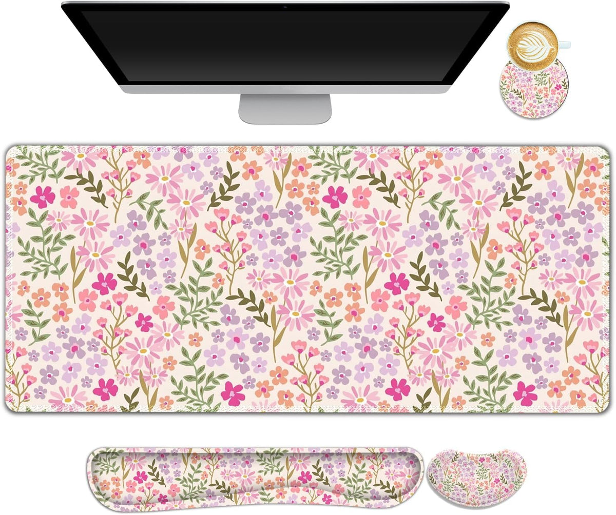 Large Gaming Mouse Pad Set, Ergonomics Keyboard Desk Mat with Memory Foam Wrist Rest, Computer PC Extended Game Mousepad, Non-Slip Desk Matt Easy Typing Pain Relief I Artistic Colroful Flowers by NXZGO