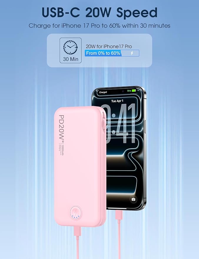 Nusyddy Portable Charger 10000mAh Fast Charging w/Built-in Wall Plug Pink | PD20W Fast Charging, LED Indicator, Pass Through Charging, TSA Approved, Compact/Slim, Power Bank for iPhone/iPad/Samsung - Image 4