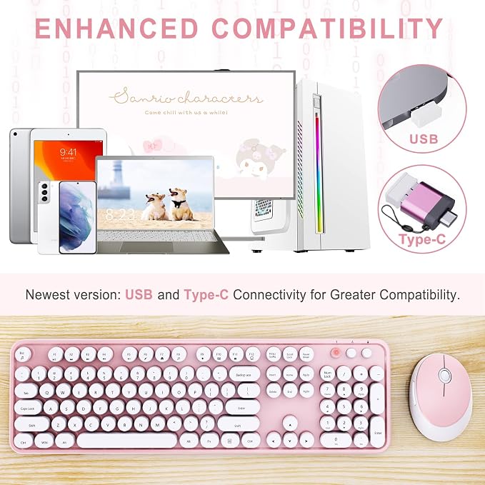 Wireless Keyboard and Mouse Combo, Ergonomic Full Size Typewriter Retro Round Keycaps Keyboard, Compatible with Windows, PC, Perfer for Home and Office Keyboards (Lovely Pink) - Image 2