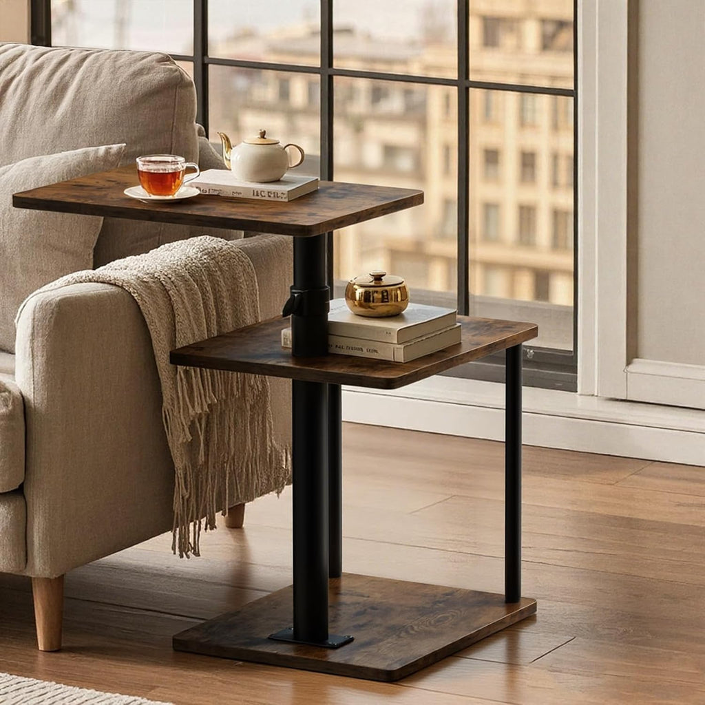 360° Swivel Side Table for Height Adjustable, C Shaped End Table for Couch with Storage, 3-Tier Night Stand with Open Shelf, Tv Tray for Small Spaces, Living Room, Bedroom, Rustic Brown - Image 7