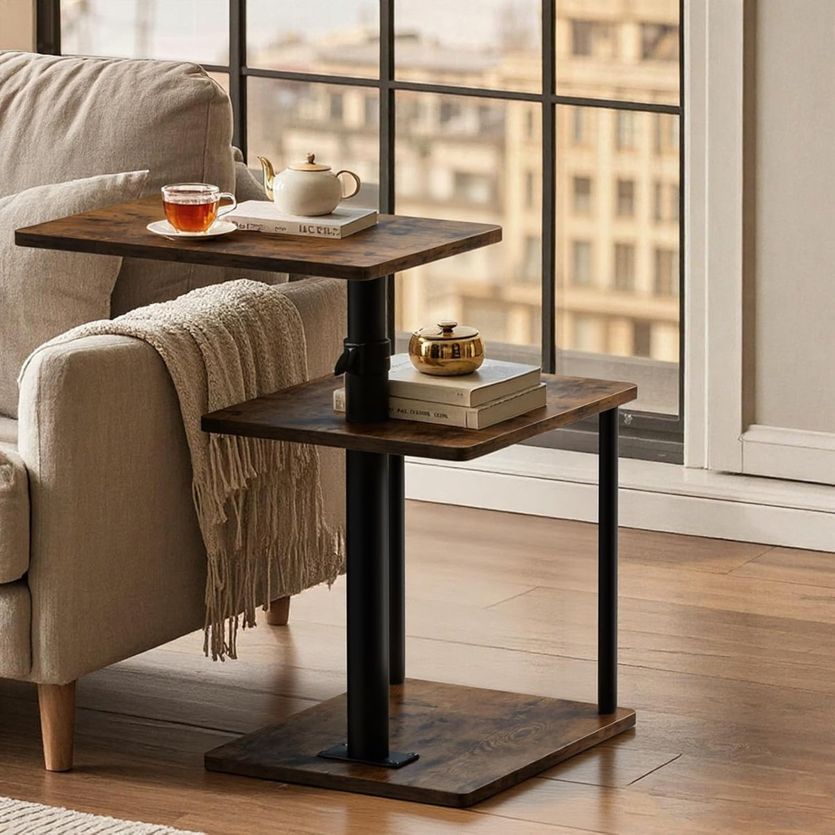 360° Swivel Side Table for Height Adjustable, C Shaped End Table for Couch with Storage, 3-Tier Night Stand with Open Shelf, Tv Tray for Small Spaces, Living Room, Bedroom, Rustic Brown - Image 7