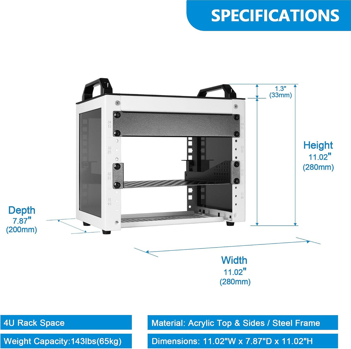 4U 10-Inch Mini Network Rack, White, 7.87" Deep Open Frame Rack with Acrylic Panels and Carry Handles, Includes 1x Vented Shelf and 1x Blank Panel - Image 2