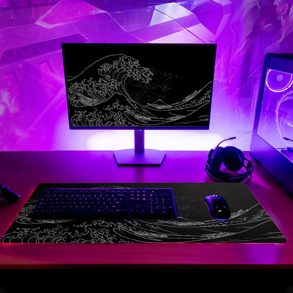 Brecoy Japanese Sea Wave Large Mouse Pad, Anime Black Gaming, Extended Kanagawa Mat Desk Pad, 3mm Thick Long Non-Slip Rubber Base Mice Pad, 31.5 X 11.8 Inch - Image 6