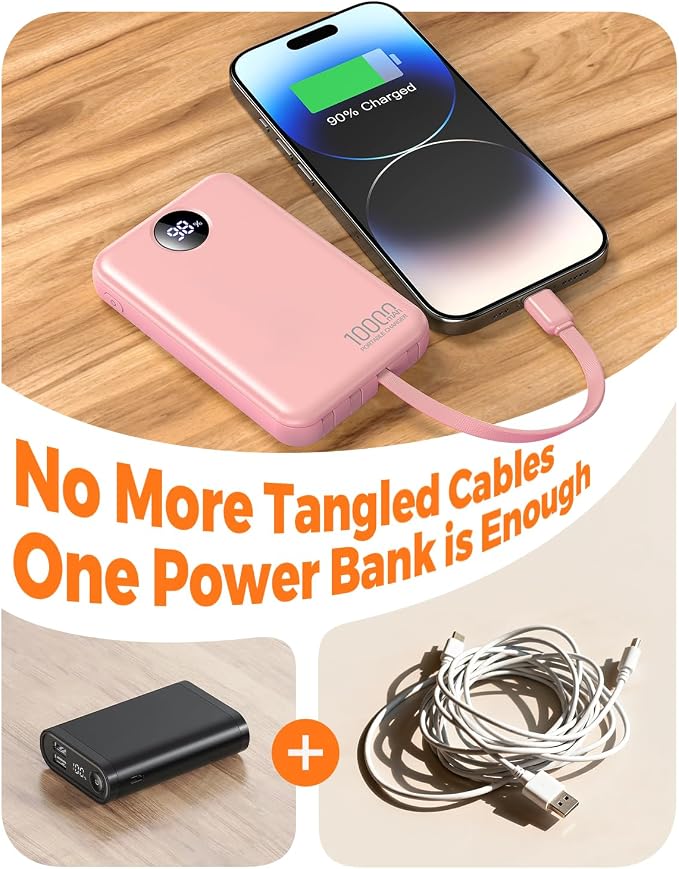 Portable Charger 10000mAh with 4 Built-in Cables 40% Smaller | Power Bank Fast Charging Battery Pack,LED Display Compact with Travel Charger for iPhone Other Devices-Pink - Image 2