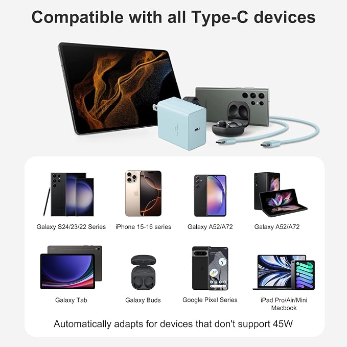 USB C Charger Type C Charger Fast Charging Long 6FT 45W Samsung Charger | for iPhone Air/17 Plus/17 Pro/17 Pro Max/16 Plus/16 Pro/16 Pro Max/15 Pro Max/iPad Pros/Samsung Galaxy S26/S25,Android(Bule) - Image 5