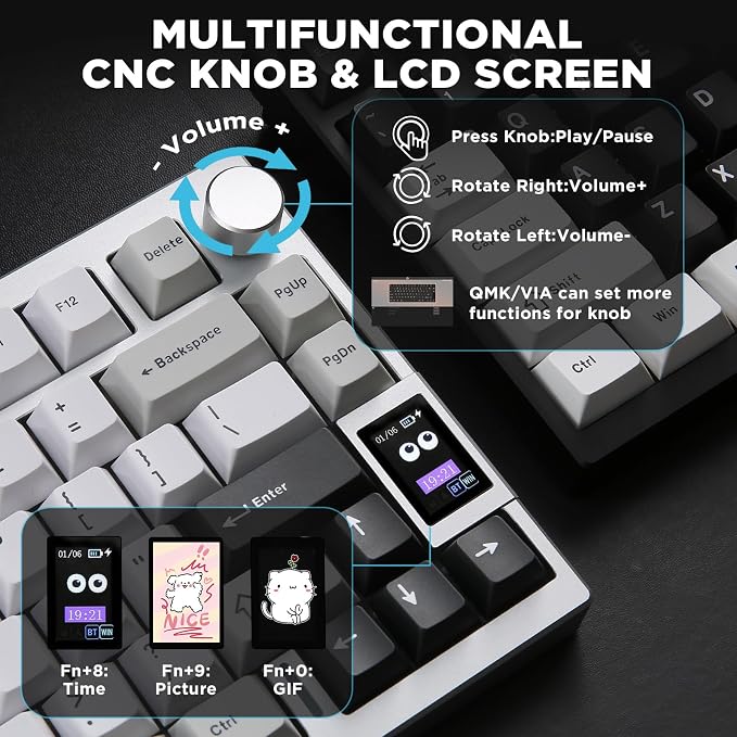 YUNZII AL80 75% Wireless Aluminum Mechanical Keyboard(Silver,Cocoa Cream) | QMK/VIA, Smart LCD Display and Knob, Hot Swap, Gasket Structure, BT/2.4G/USB-C, RGB Keyboard for Gaming/Win/Mac - Image 7