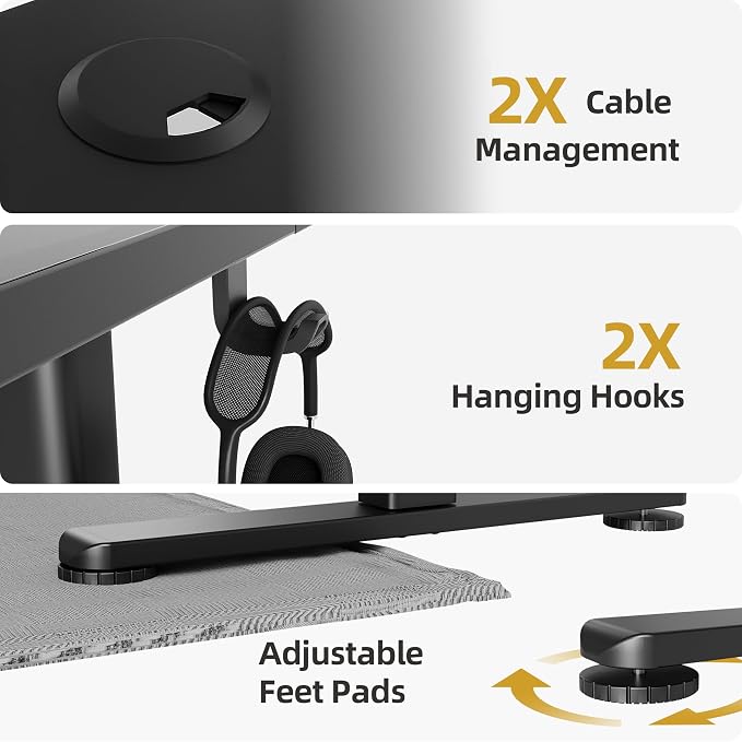 Claiks Electric Height Adjustable Standing Desk, 48x24 Inch, Deep Black | Smooth Height Adjustment, 3 Memory Presets, Cable management hub & hook, Stable Steel Frame, 156 lbs Capacity, Easy Assembly - Image 8