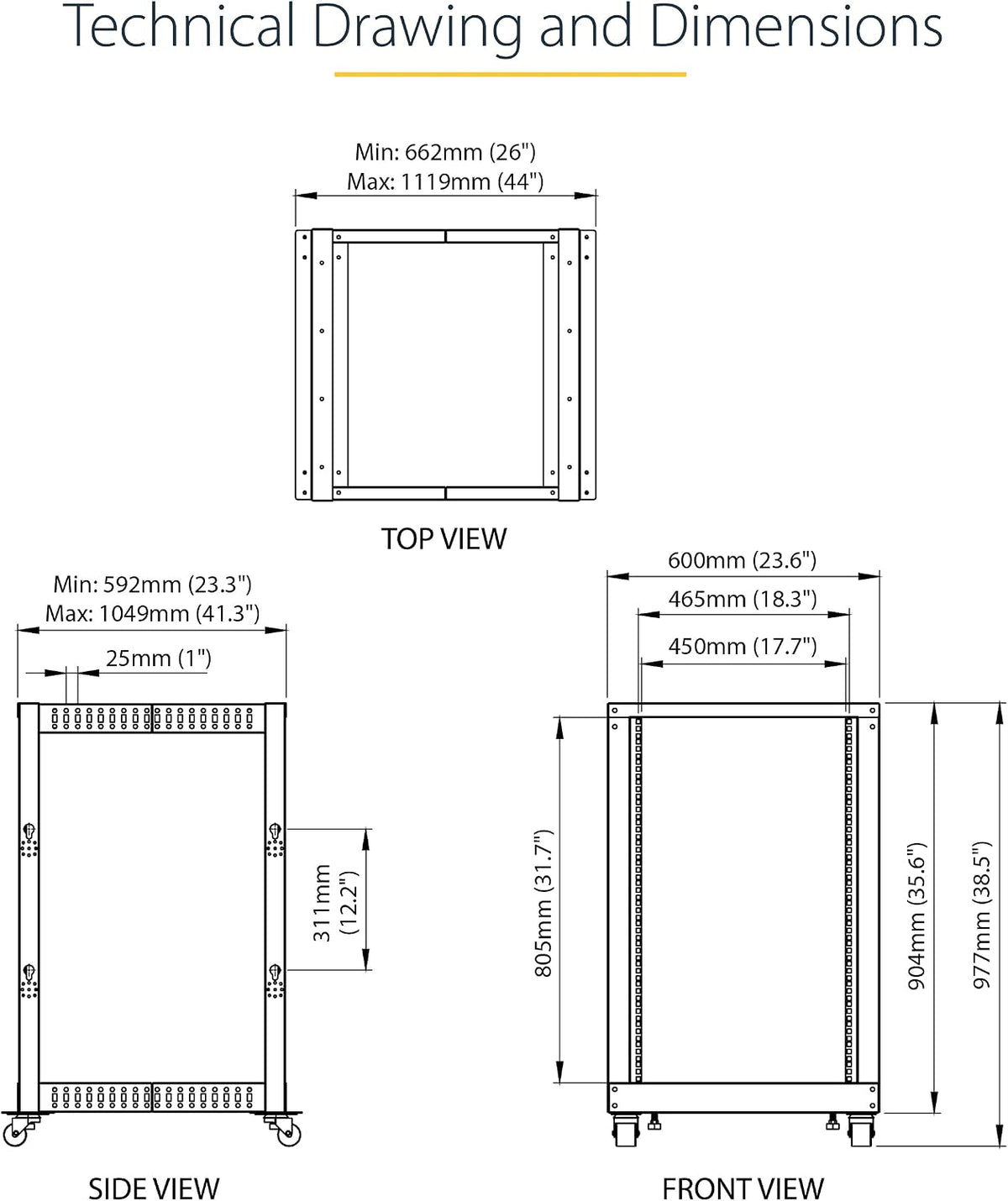 StarTech 18U 4-Post Server Rack, 19in Open Frame Rack with 40in (101cm) Mounting Depth and 1200lb (544kg) Weight Capacity, Mobile or Floor Mount IT Rack - Image 6