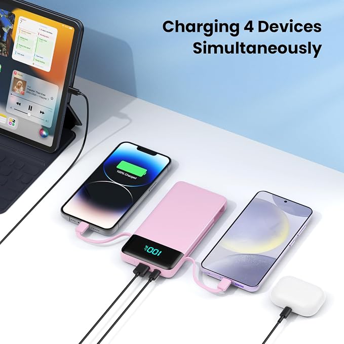 Portable Charger Power Bank for iPhone with Built-in Cables and AC Wall Plug, 13800mAh Ultra Slim Travel Essentials,USB C Fast Charging External Battery Pack for iPhone 17/16/13,Galaxy,Android-Pink - Image 7