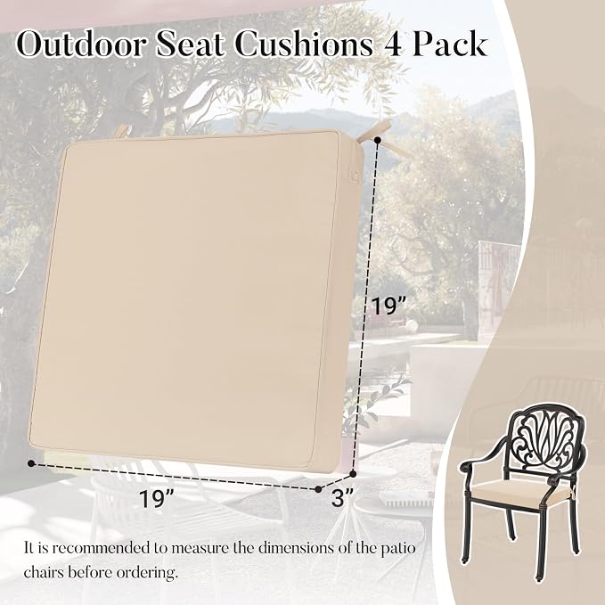 Basic Beyond Outdoor Chair Cushions for Patio Furniture, Waterproof Outdoor Seat Cushions Set of 4 19 x 19, Patio Chair Cushions Set of 4 with Ties and Handle, Beige White - Image 6