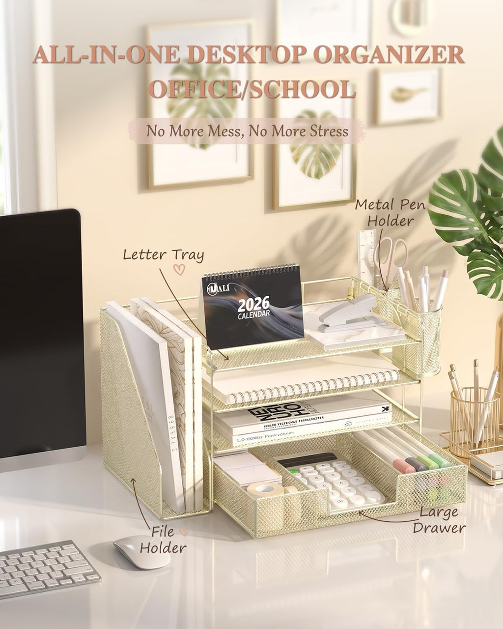 WALI Desk File Organizer, 4 Tier Desktop Paper Letter Tray Organizer with Drawer and 2 Pen Holders, Office Desk Accessories & Workspace Organizers for Office, Home, School Supplies, 1 Pack, Gold - Image 3