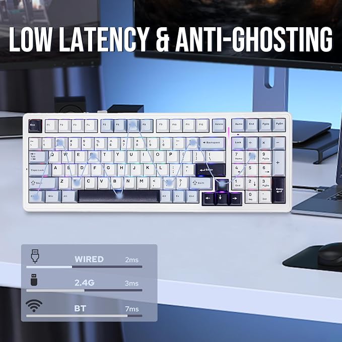 EPOMAKER x Aula F99 Wireless Mechanical Keyboard, Hot Swappable Gasket | Custom Gaming Keyboard with Five-Layer Padding, BT/2.4GHz/USB-C, 8000mAh Battery (White Blue, Graywood V3 Switch) - Image 5